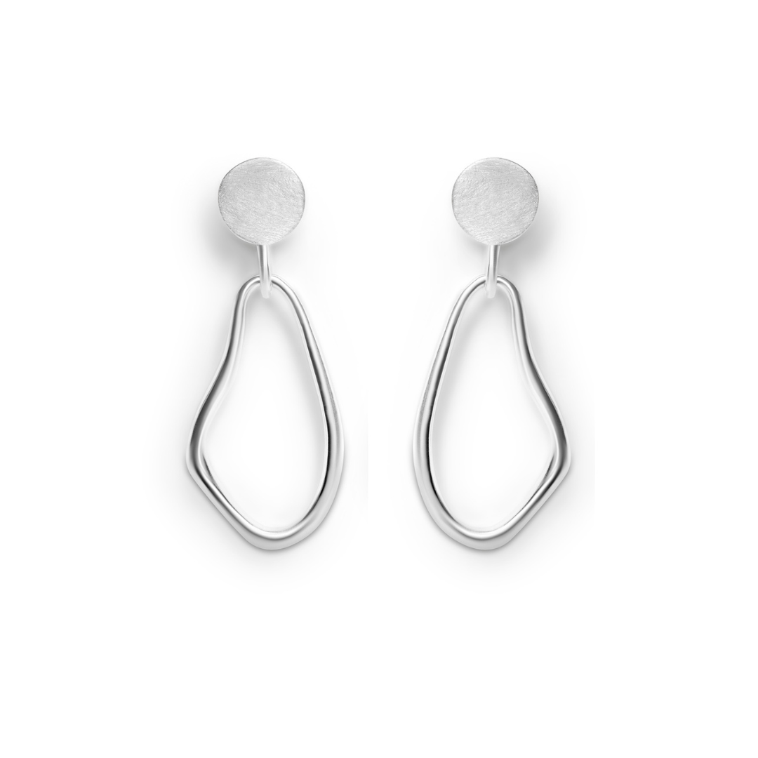 The Sea Honey Drop Earrings by Gallardo & Blaine Designs feature modern sterling silver with round stud tops and abstract, irregularly shaped open hoops hanging below each stud.