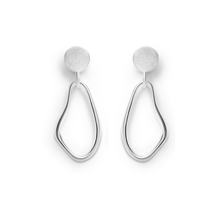The Sea Honey Drop Earrings by Gallardo & Blaine Designs feature modern sterling silver with round stud tops and abstract, irregularly shaped open hoops hanging below each stud.