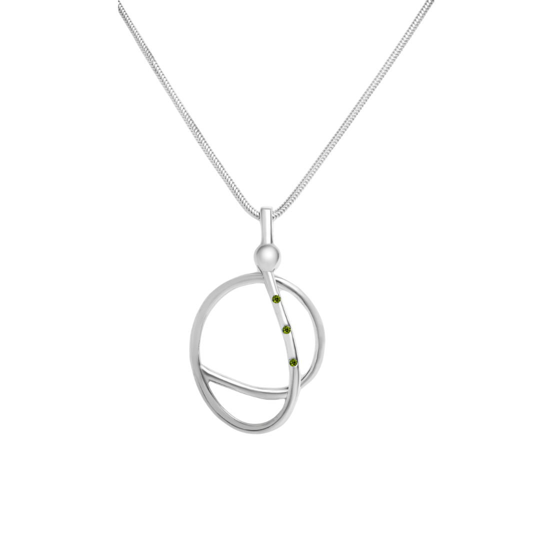 The Sea Honey Necklace by Gallardo & Blaine Designs features a modern sterling silver pendant with intertwined loops and three green gemstones set vertically, displayed on a fine chain against a white background.