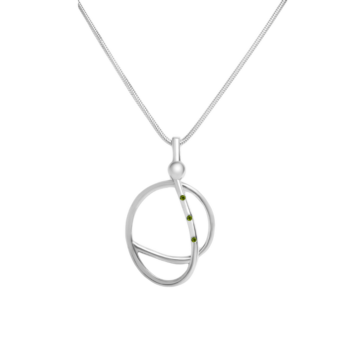 The Sea Honey Necklace by Gallardo & Blaine Designs features a modern sterling silver pendant with intertwined loops and three green gemstones set vertically, displayed on a fine chain against a white background.