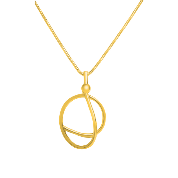 The Sea Honey Necklace by Gallardo & Blaine Designs features an abstract gold vermeil pendant with intertwined circles, capturing elegance and modern artistry, shown on a white background.