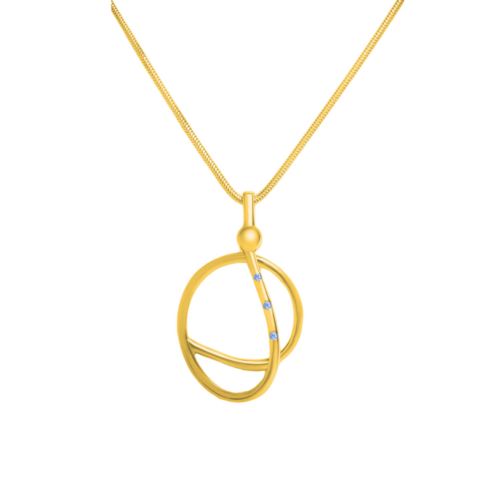 The Sea Honey Necklace by Gallardo & Blaine Designs features an abstract gold vermeil loop with three small white stones, hanging from a fine gold chain.