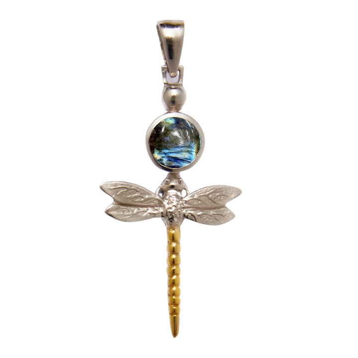 The Damsel Pendant by Gallardo & Blaine Designs is a sterling silver dragonfly with detailed wings, a round iridescent gemstone body, gold vermeil segmented tail, and hangs from a silver bail. Available in various gemstones.