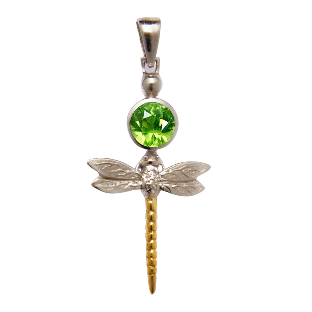 The Damsel Pendant by Gallardo & Blaine Designs features a dragonfly shape with silver wings, a round green gemstone body, and a gold vermeil tail, shown on a white background.
