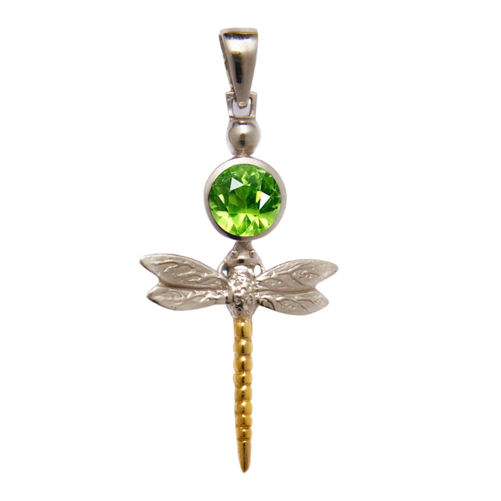 The Damsel Pendant by Gallardo & Blaine Designs features a dragonfly shape with silver wings, a round green gemstone body, and a gold vermeil tail, shown on a white background.