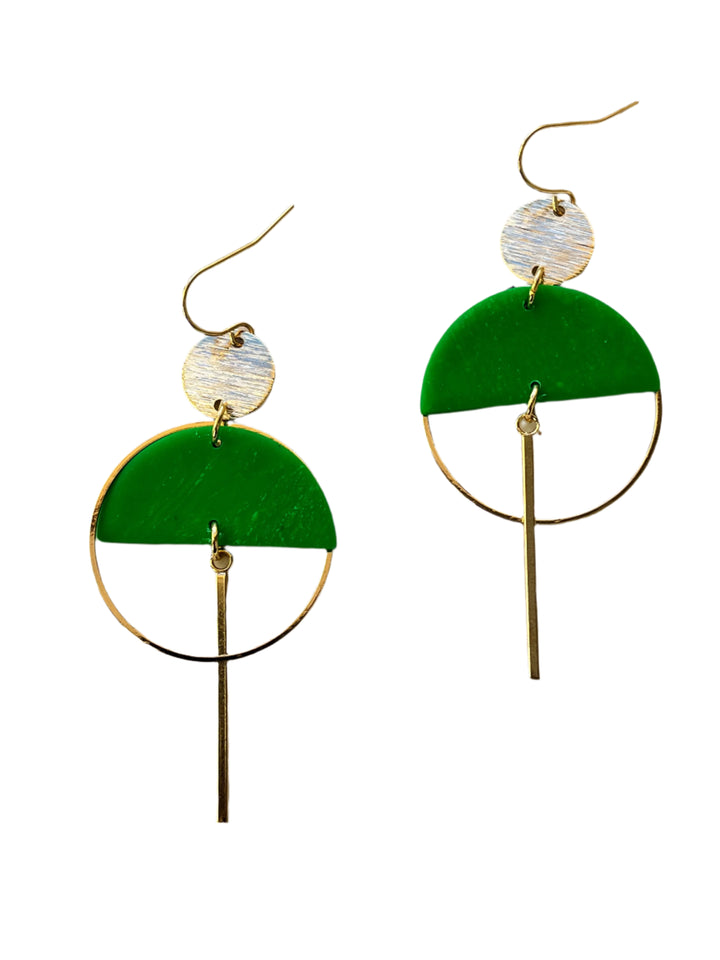 The Sinead Earrings by Kybalion Jewellery feature brushed silver discs, green polymer half moons, gold hoops, and vertical gold bars, accented with vibrant colors. Available in various colours.