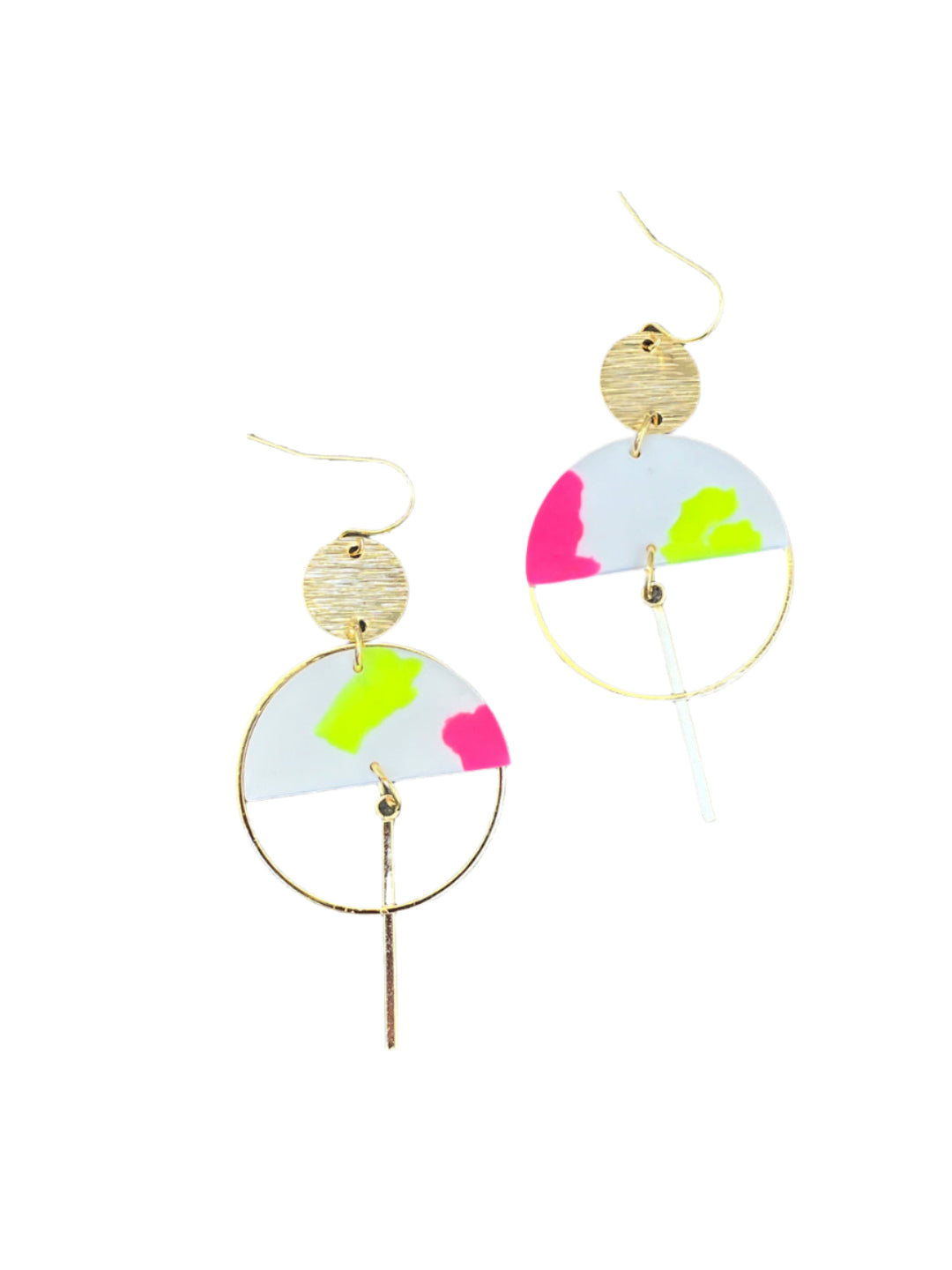 The Sinead Earrings by Kybalion Jewellery feature modern gold plating, circular accents, white semicircles with neon pink and yellow colors, gold hoops, and a vertical bar, displayed on a textured wood surface.