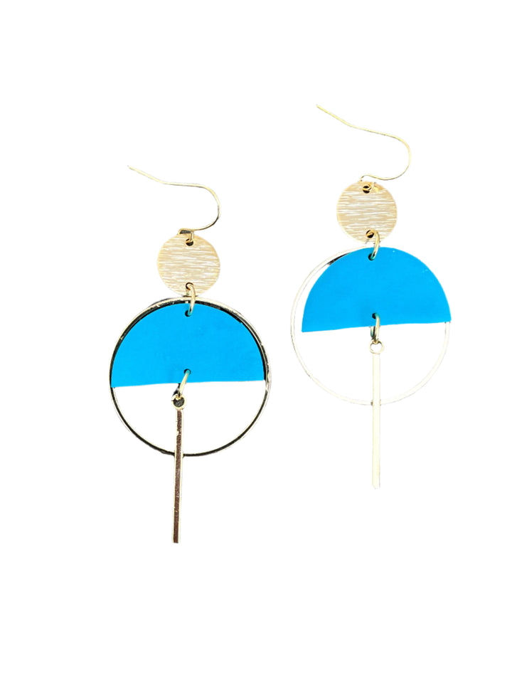 The Sinead Earrings by Kybalion Jewellery feature gold hooks, a textured gold disc, open circle, bright blue polymer half moons, and a slim vertical gold bar for a modern look. Available in various colours.