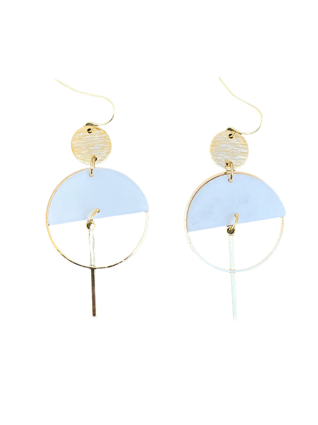 The Sinead Earrings by Kybalion Jewellery feature a minimalist geometric design with gold plating, textured gold disc, open circle, white polymer half moon accent, and vertical gold bar. Available in various colours.