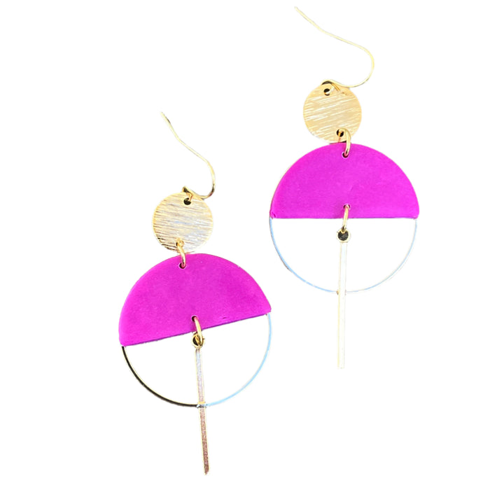 The Sinead Earrings by Kybalion Jewellery feature gold hooks, textured gold discs, bright pink polymer half moons, silver hoops, and slim vertical gold bars for a modern look.