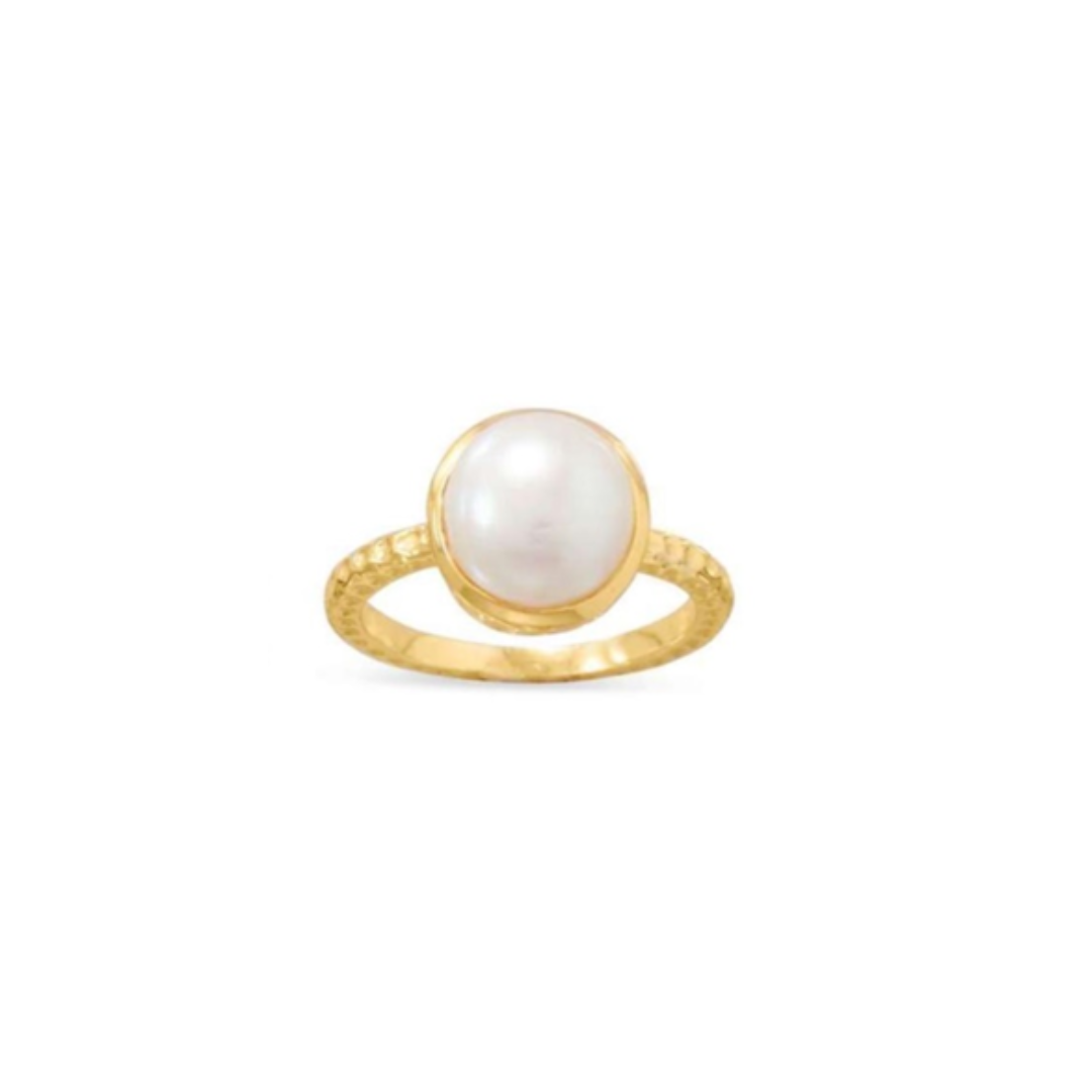 Gold plated, textured, ring with simple round pearl in gold plated bezel