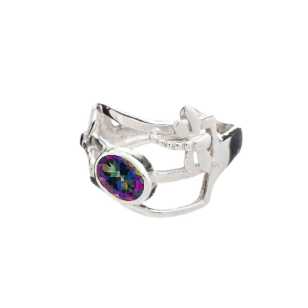The Small Dragonfly Ring by Gallardo & Blaine Designs features an open, abstract band with silver and gold plating and a large oval multicolored gemstone—a unique statement piece of gemstone jewelry.