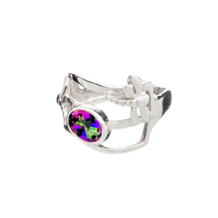 The Small Dragonfly Ring by Gallardo & Blaine Designs features a modern open design with an oval-cut multicolored gemstone on one side and an abstract bow accent—an eye-catching piece of jewelry available in various gemstones.