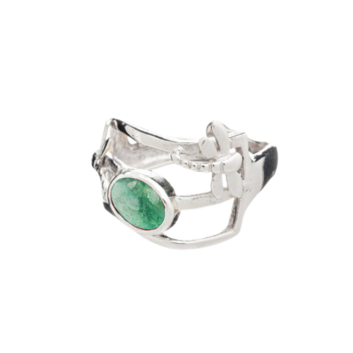 The Small Dragonfly Ring by Gallardo & Blaine Designs features an open, abstract band in silver and gold plate with an eye-catching oval green gemstone—perfect for fans of unique gemstone jewelry.