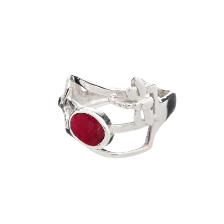 The Small Dragonfly Ring by Gallardo & Blaine Designs features an open, organic design in silver and gold plate with a single asymmetrically set oval gemstone—an elegant jewelry piece, shown against a white background.