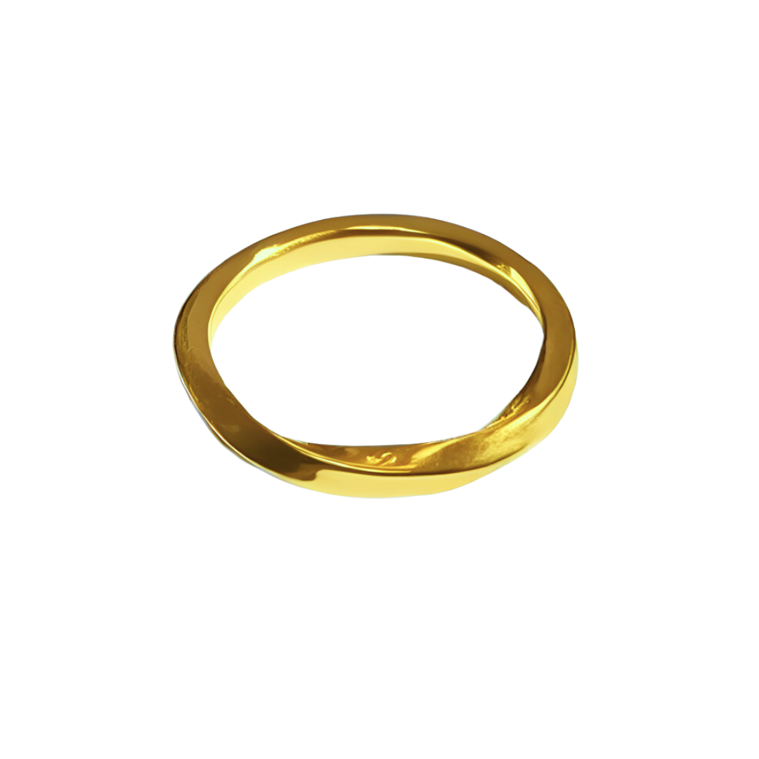 The Collective Dublin’s Square Twist 9ct Yellow Gold Wedding Band features a slim, organic shape with subtle twists, shown against a white background.