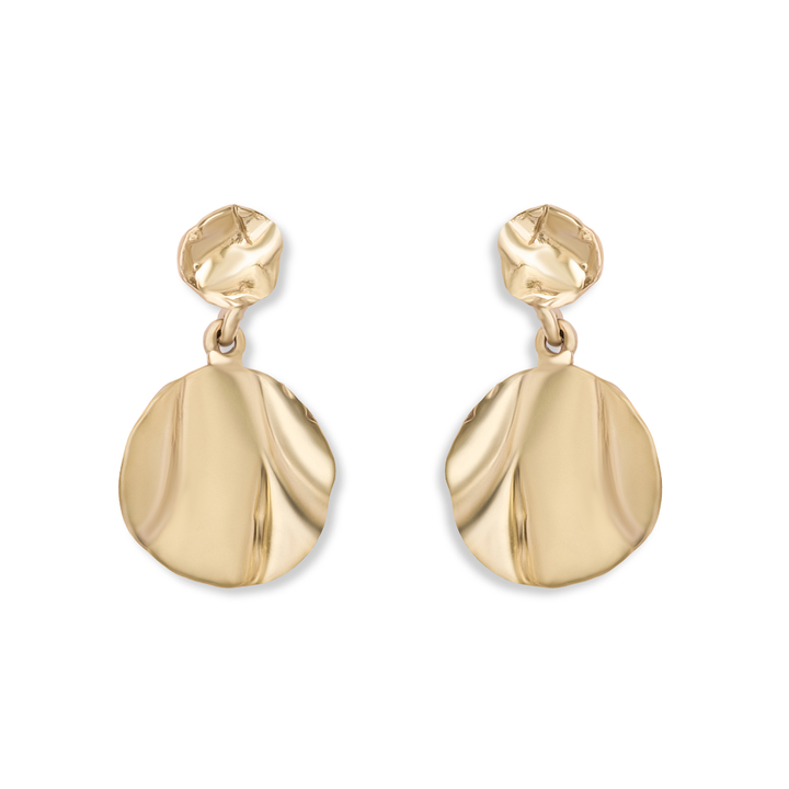 The Tide Drop Earrings by Madeleine Sculptural Jewellery are handmade from recycled brass, featuring wavy, textured ovals hanging from smaller studs for a unique, sustainable, and modern accessory.