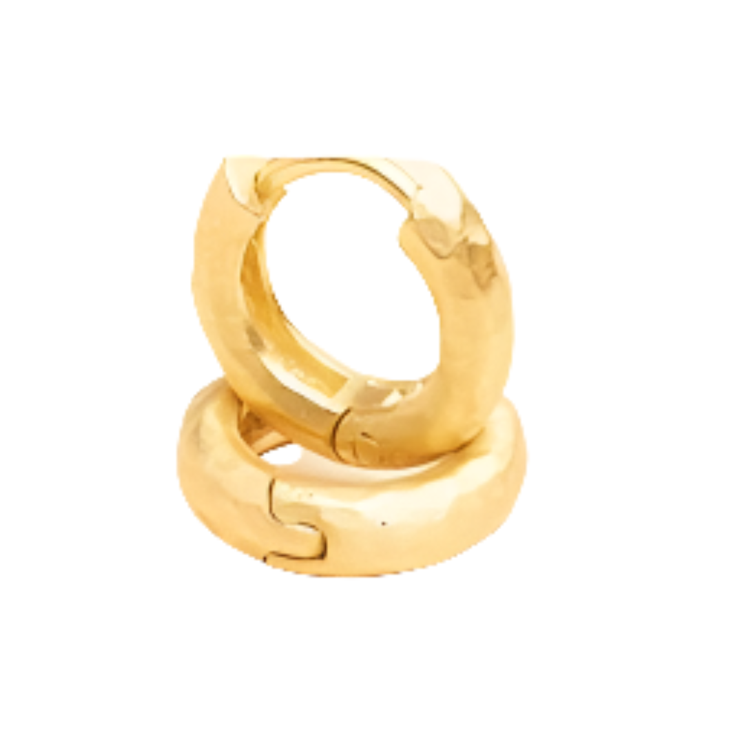 Two Tubular Gold Textured Huggie Hoops by Watermelon tropical, each with a 15mm diameter and shiny finish—one upright inside the other—are displayed on a white background, showcasing this striking handmade jewellery.