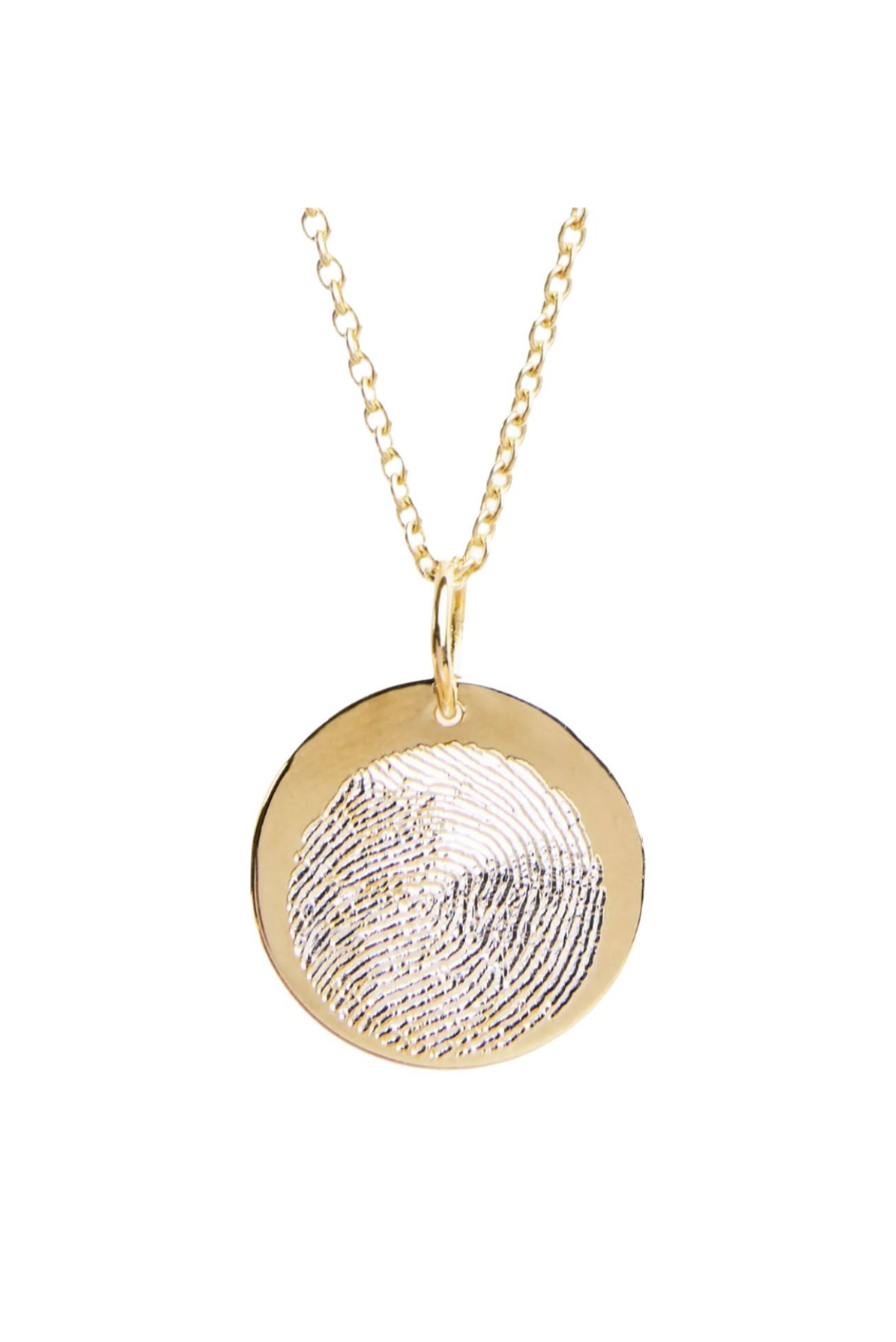 The Engraved Fingerprint Pendant by Personalised Charms is a gold necklace with a round pendant featuring an engraved fingerprint, making it an ideal personalized gift.