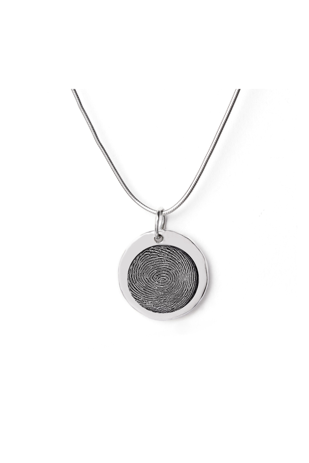 The Engraved Fingerprint Pendant by Personalised Charms is a silver necklace with a detailed fingerprint design, making it a unique personalised gift. Shown against a white background.