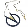 The Vibe Pendulum Necklace by Elsiem features bold black geometric shapes with a gold accent on a long chain. This unique 3D printed piece is modern statement jewelry, perfect for elevating any outfit.