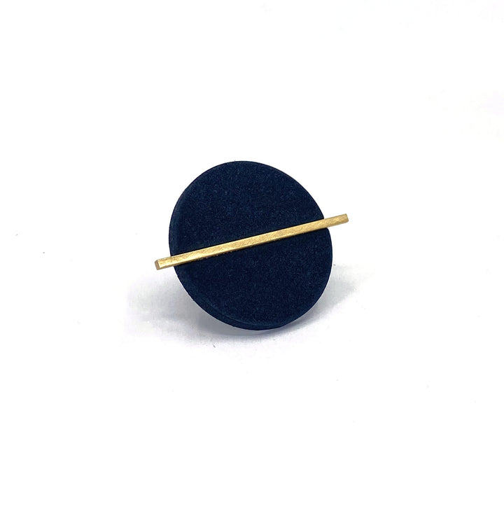 The Elsiem Vibe Disc & Bar Ring features a round, dark blue 3D-printed band with a flat surface, accented by a thin, straight gold bar across the top, set against a plain white background.