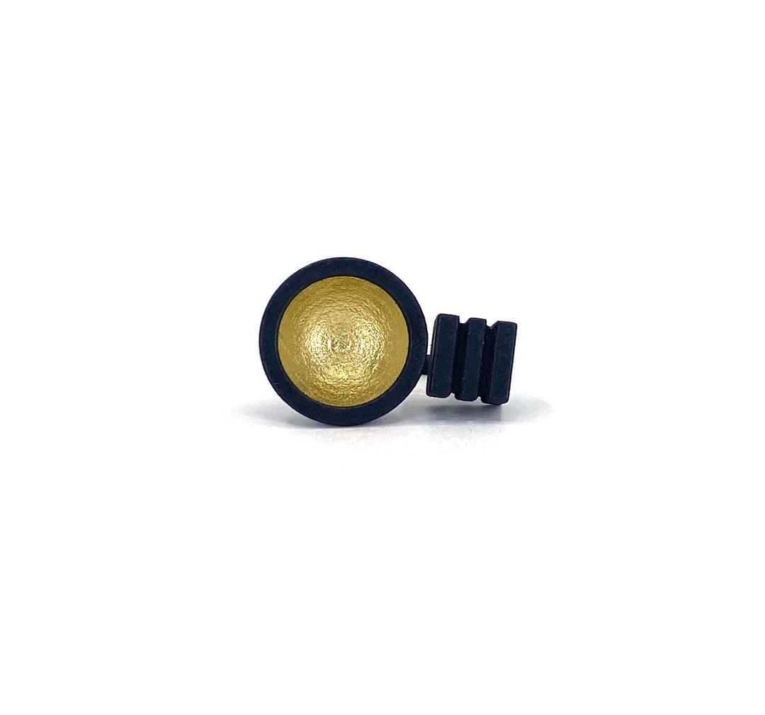 The Elsiem Vibe Gold Dome & Cube Ring features a small gold center encircled by a black border, attached to three parallel black rectangular bars on the right, displayed against a white background.