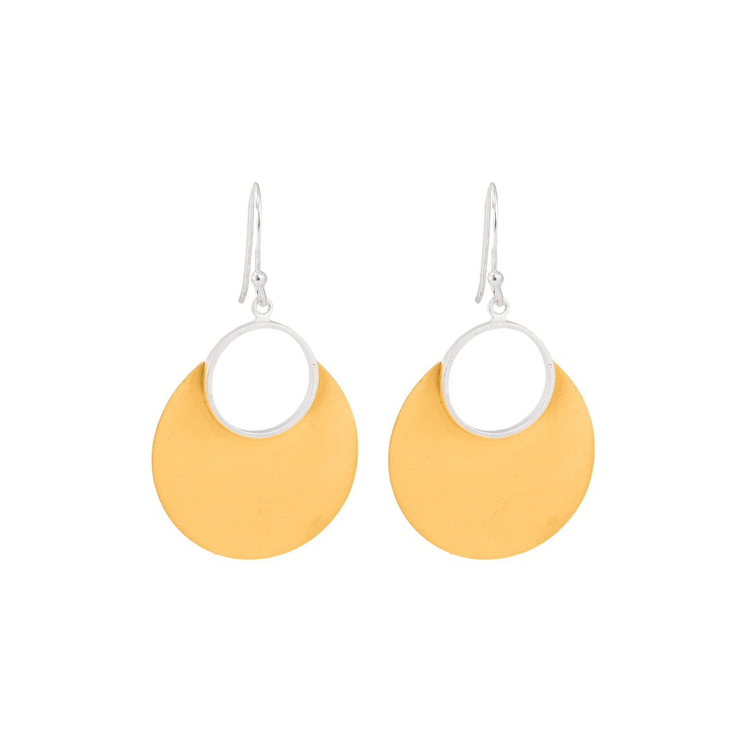 Mixed metal drop earrings. small silver hoop with large, drooped, gold plated, semi circle beneath.
