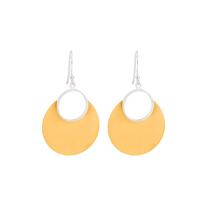 Mixed metal drop earrings. small silver hoop with large, drooped, gold plated, semi circle beneath.