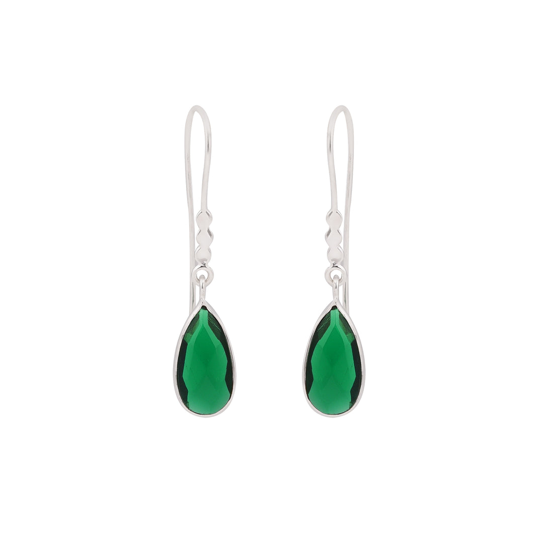 Simple silver drop earring with teardrop shaped, emerald green stones.