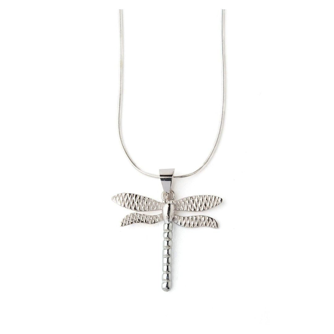 The Wildlife Pendant - Large Dragonfly With Chain by Gallardo & Blaine Designs features textured wings and a segmented body, shown on a plain white background—an elegant nature-inspired silver necklace.