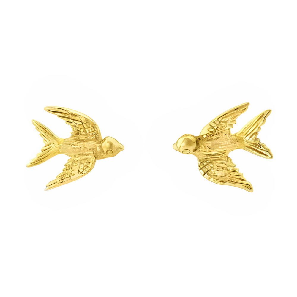 Wildlife Swallow Studs by Gallardo & Blaine Designs—gold vermeil earrings shaped like flying swallows with textured wings and tails, each bird facing the other, bring a delicate touch of Irish jewellery charm.