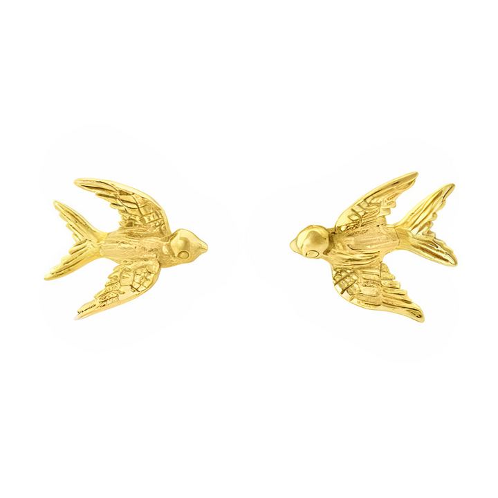 Wildlife Swallow Studs by Gallardo & Blaine Designs—gold vermeil earrings shaped like flying swallows with textured wings and tails, each bird facing the other, bring a delicate touch of Irish jewellery charm.