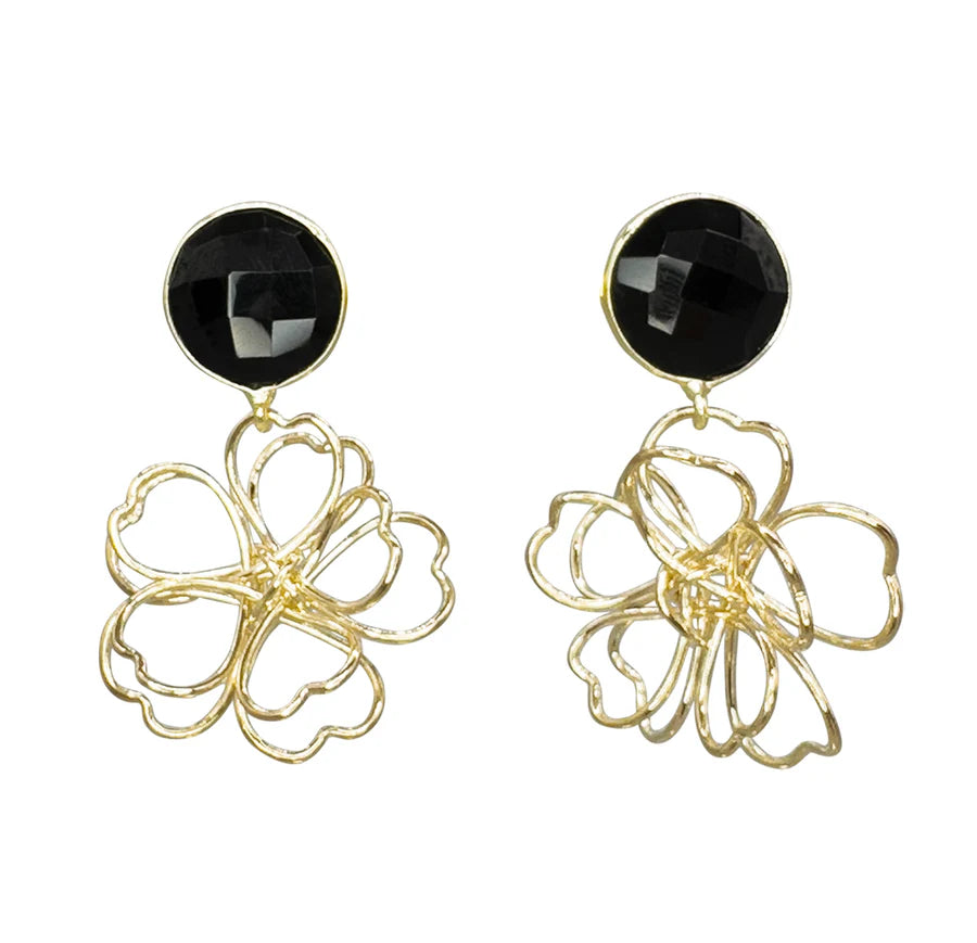 The Aria V Black Daisy Earrings feature large faceted black studs and dangling gold-toned openwork floral designs crafted from delicate wire loops.