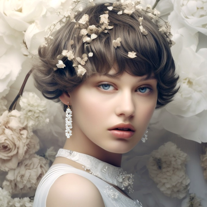 A woman with short, wavy hair adorned with small white flowers gazes calmly at the camera. She wears dangling, sparkly Blue Sakura Earrings from Tochu-De and a statement necklace that complements her delicate white outfit. The background is filled with large, soft white flowers, adding an ethereal touch to the scene.