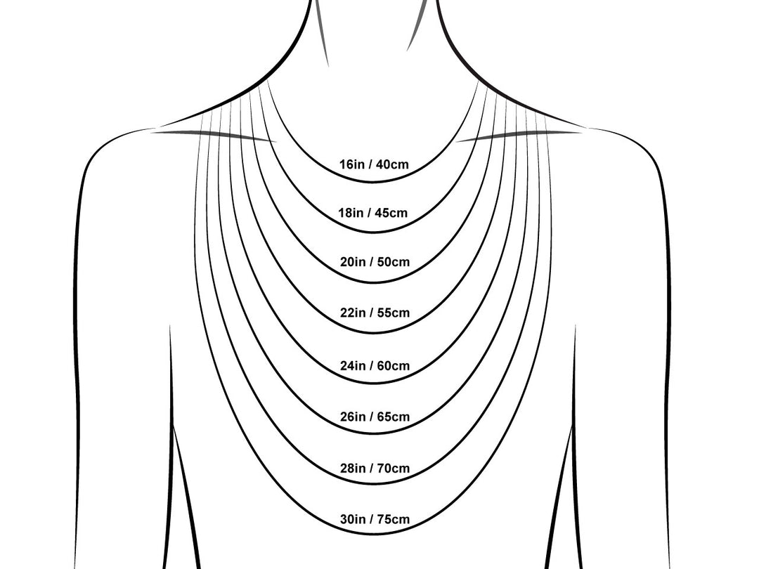 An illustration of a person showcasing necklace lengths from 16 inches (40 cm) to 30 inches (75 cm) is marked with lines indicating where the Silver Snake Chain Various Sizes by Watermelon Tropical would rest on the body.