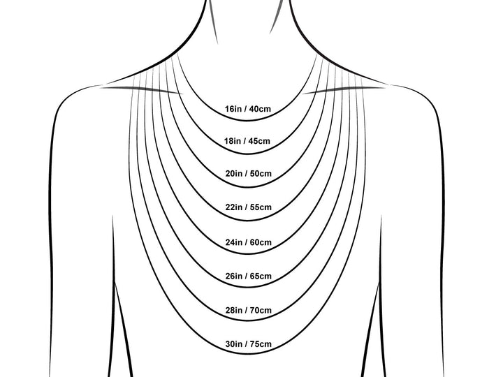 An illustration of a person showcasing necklace lengths from 16 inches (40 cm) to 30 inches (75 cm) is marked with lines indicating where the Silver Snake Chain Various Sizes by Watermelon Tropical would rest on the body.