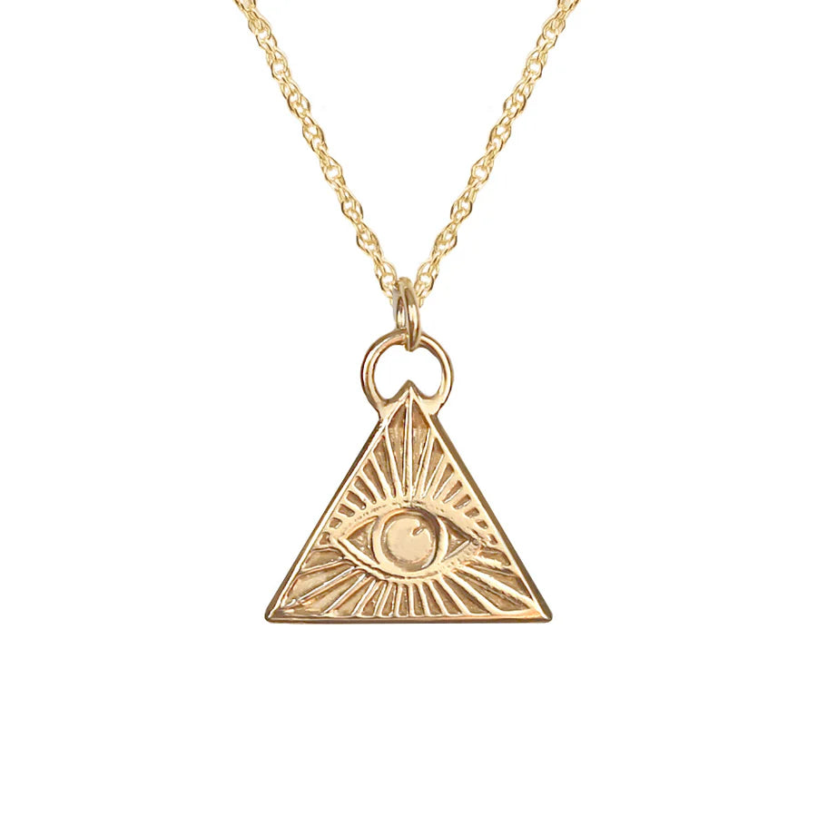 The Little Eye of Protection Necklace Gold by Andrea Mears Jewellery features a gold plated triangle pendant engraved with an eye at the center and radiating lines, inspired by the protective Eye of Protection symbol.