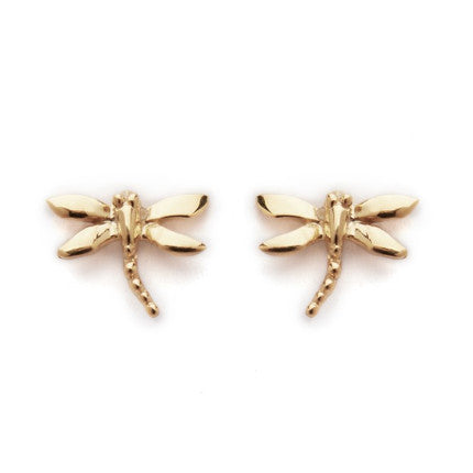 The Wildlife Small Dragonfly Studs by Gallardo & Blaine Designs feature a minimalist dragonfly silhouette in silver or gold, with four wings and a detailed body, elegantly displayed on a white background.