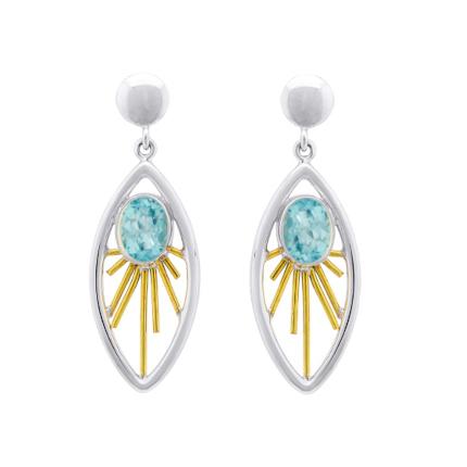 Introducing the **Goddess Earrings in various gemstones** by **Gallardo & Blaine Designs**: A pair of elegant Goddess Earrings featuring an oval turquoise stone in the center of a sunburst design. These sterling silver & gold earrings are framed by an open silver oval shape, with golden rays extending from the turquoise stones, attached to round silver studs.