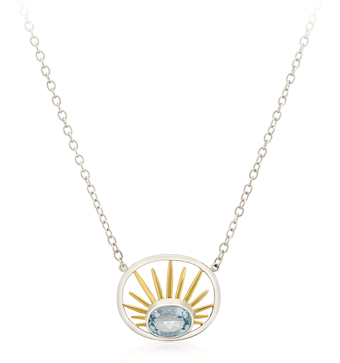 Introducing the Gallardo & Blaine Designs Goddess Necklace Small in various gemstones: a sterling silver creation featuring a dual-tone pendant on a delicate chain. The oval-shaped pendant showcases ascending gold rays, evoking a sunrise, while a light blue oval gemstone graces its base for an added touch of elegance.