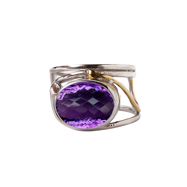 Gallardo & Blaine Designs' Horizontal Ring features a detailed silver band with a large circular faceted purple gemstone, elegantly framed by subtle gold accents, creating a stunning silver and gold plate design against a plain white background.
