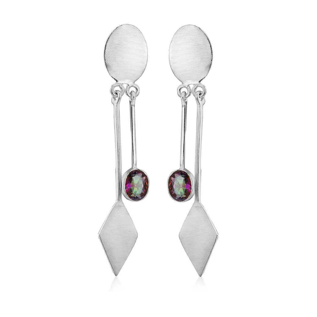 A pair of Karo Earrings in various gemstones by Gallardo & Blaine Designs featuring an oval stud top connected to a multicolored gemstone and a diamond-shaped pendant at the bottom. The design is sleek and geometric, perfect for modern fashion jewelry enthusiasts.