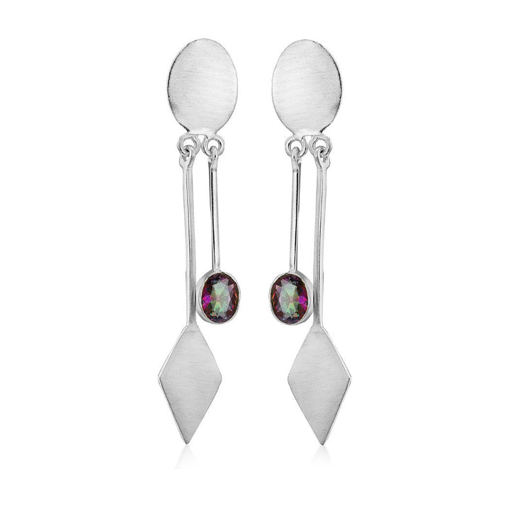 A pair of Karo Earrings in various gemstones by Gallardo & Blaine Designs featuring an oval stud top connected to a multicolored gemstone and a diamond-shaped pendant at the bottom. The design is sleek and geometric, perfect for modern fashion jewelry enthusiasts.