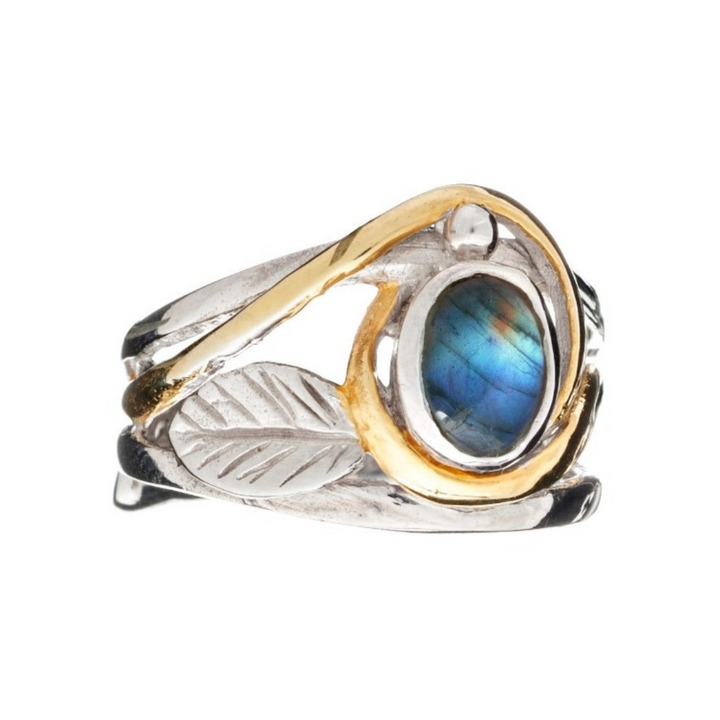 Add the Leaf Ring in Silver Gold with your favorite gemstone to your collection. This Gallardo & Blaine Designs piece features a central stone and elegant gold-tone swirl accent.