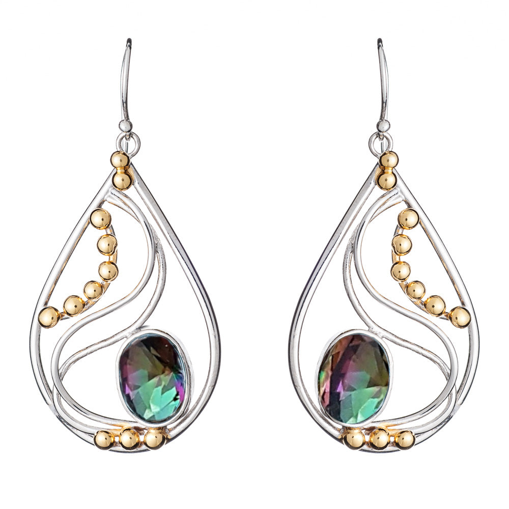 Introducing the Phoenix Earrings in various gemstones by Gallardo & Blaine Designs: a pair of elegant drop earrings featuring an iridescent colorful gemstone at the center. These silver and gold earrings boast a sophisticated wire design with small gold ball accents arranged within teardrop shapes.