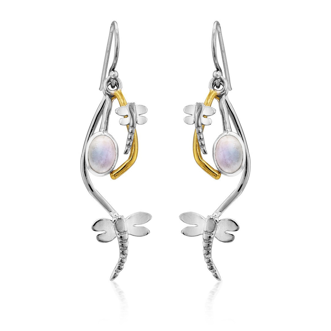 A pair of Ripple Earrings in various gemstones, featuring whimsical dragonfly designs. Each earring is accented with gold plate metal and a single, oval-shaped iridescent gemstone, with the dragonfly's body forming part of the earring's curved structure. These earrings are designed by Gallardo & Blaine Designs.
