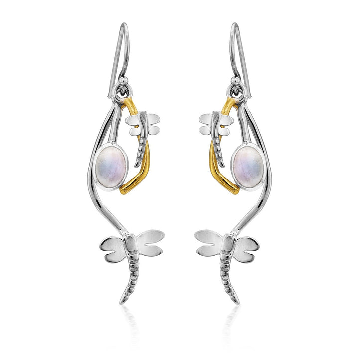 A pair of Ripple Earrings in various gemstones, featuring whimsical dragonfly designs. Each earring is accented with gold plate metal and a single, oval-shaped iridescent gemstone, with the dragonfly's body forming part of the earring's curved structure. These earrings are designed by Gallardo & Blaine Designs.