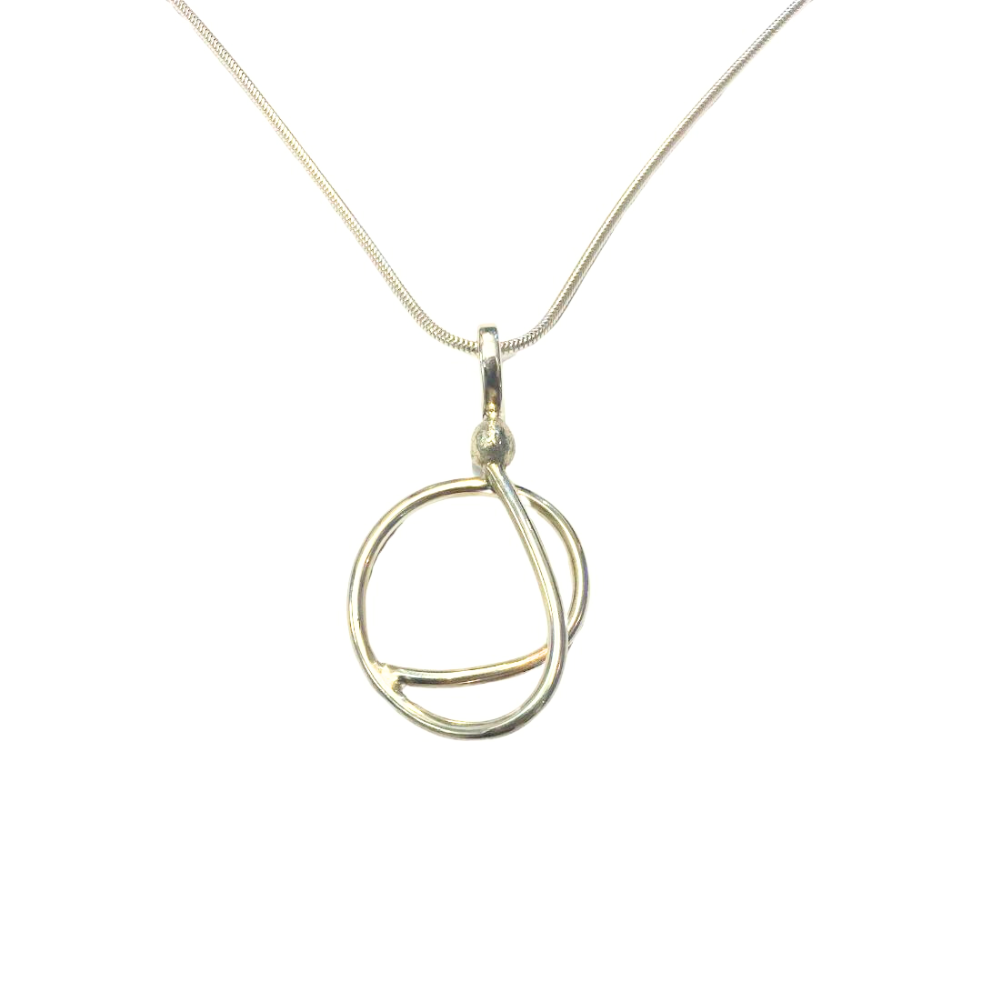 The Sea Honey Necklace by Gallardo & Blaine Designs features an abstract, open circular pendant of intertwined sterling silver loops, beautifully displayed on a white background.