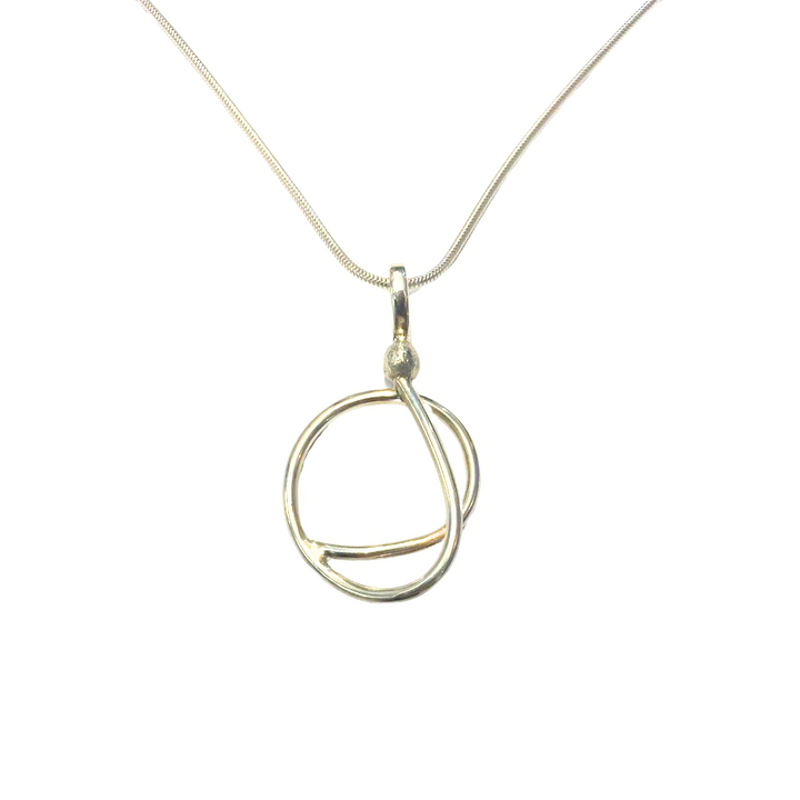 The Sea Honey Necklace by Gallardo & Blaine Designs features an abstract, open circular pendant of intertwined sterling silver loops, beautifully displayed on a white background.